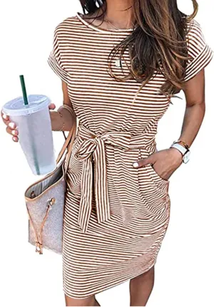 Dresses for Women Short Sleeve Crewneck Midi Tops Dress Summer Fashion Casual Dressy Tie Waist Dresses 2025