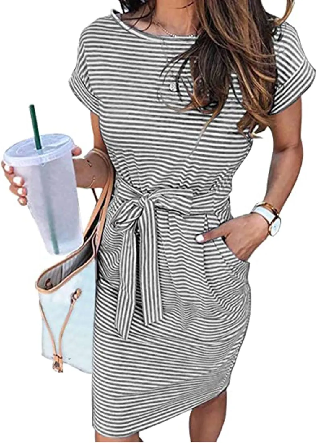 Dresses for Women Short Sleeve Crewneck Midi Tops Dress Summer Fashion Casual Dressy Tie Waist Dresses 2025