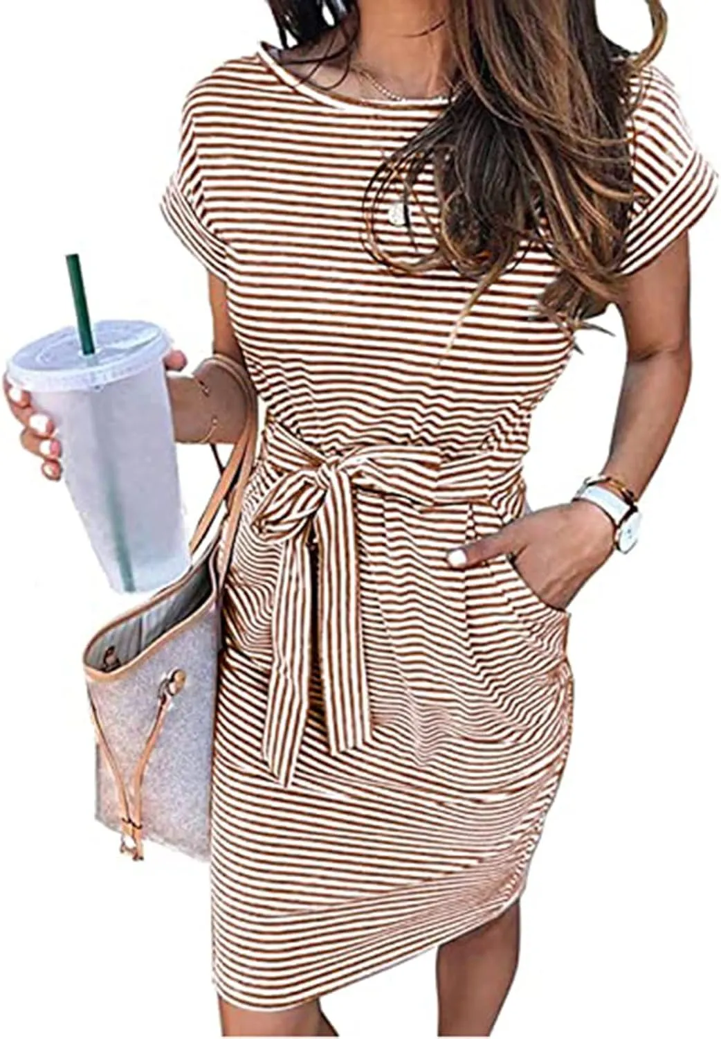 Dresses for Women Short Sleeve Crewneck Midi Tops Dress Summer Fashion Casual Dressy Tie Waist Dresses 2025