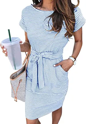 Dresses for Women Short Sleeve Crewneck Midi Tops Dress Summer Fashion Casual Dressy Tie Waist Dresses 2025