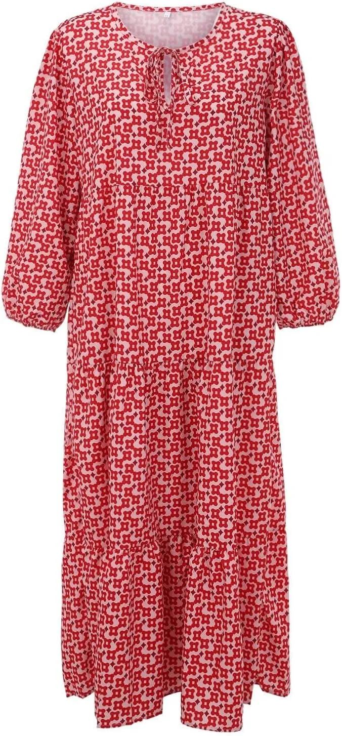 Dresses for Women Summer Boho Loose Fit Sundress Puff Half Sleeve V Neck Maxi Dress Printed Floral Dresses 2025