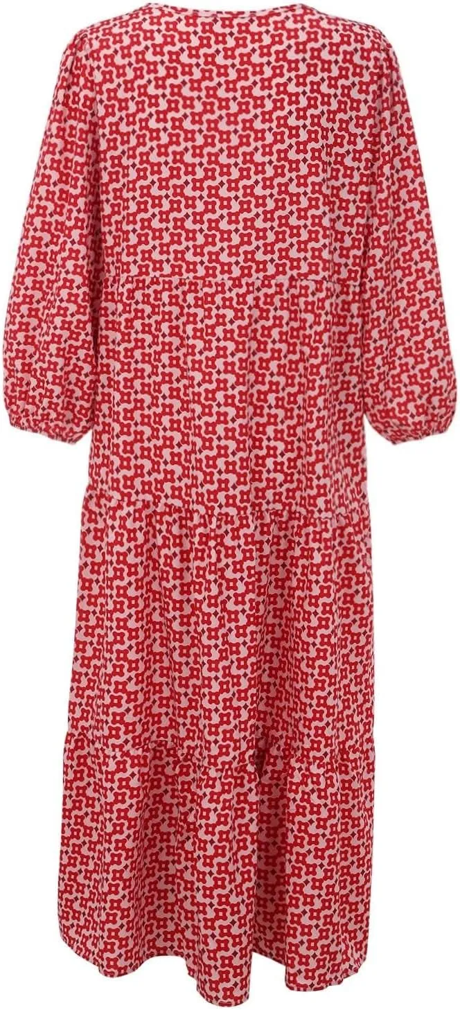 Dresses for Women Summer Boho Loose Fit Sundress Puff Half Sleeve V Neck Maxi Dress Printed Floral Dresses 2025
