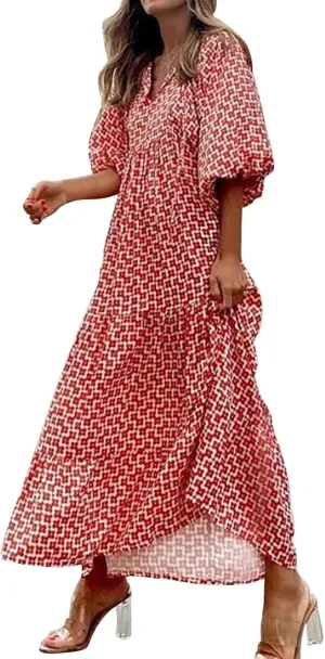 Dresses for Women Summer Boho Loose Fit Sundress Puff Half Sleeve V Neck Maxi Dress Printed Floral Dresses 2025