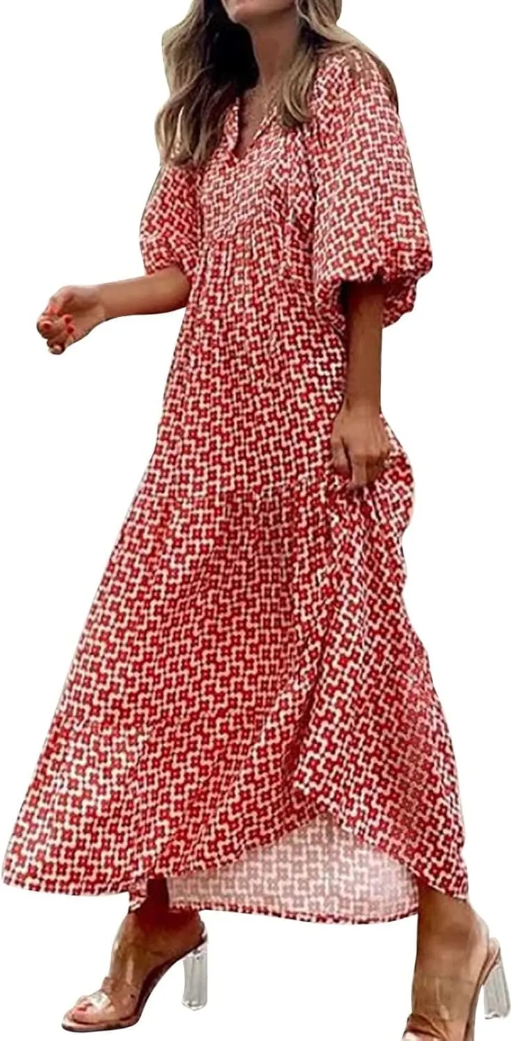 Dresses for Women Summer Boho Loose Fit Sundress Puff Half Sleeve V Neck Maxi Dress Printed Floral Dresses 2025