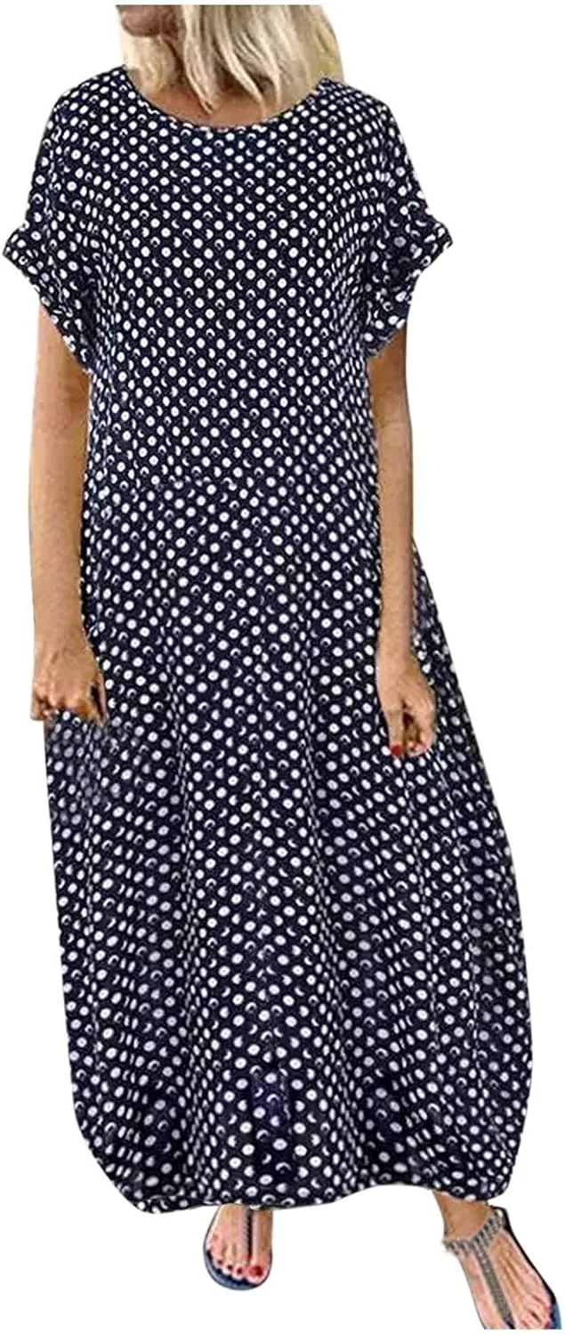 Dresses for Women Summer Dot Printed Short Sleeve Crewneck Sundress Plus Size Loose Fit Maxi Dress 2025