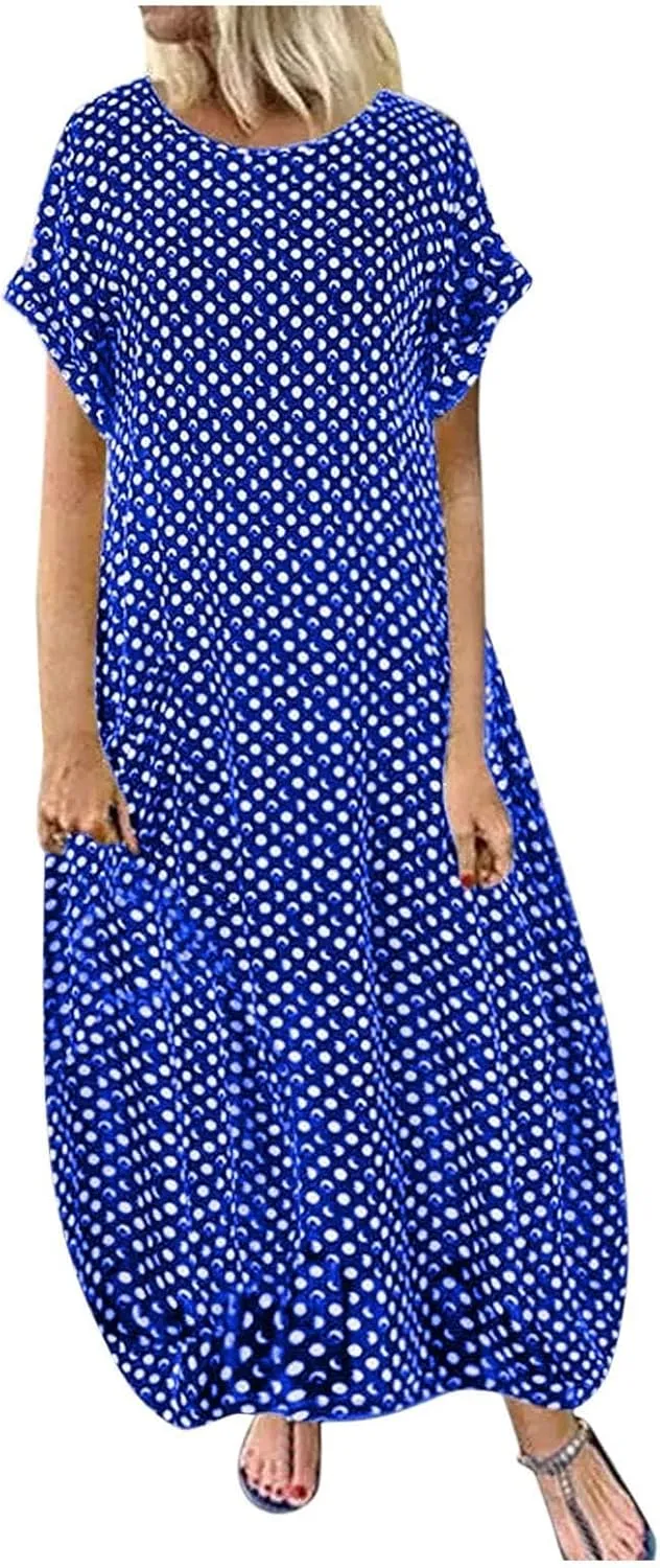 Dresses for Women Summer Dot Printed Short Sleeve Crewneck Sundress Plus Size Loose Fit Maxi Dress 2025