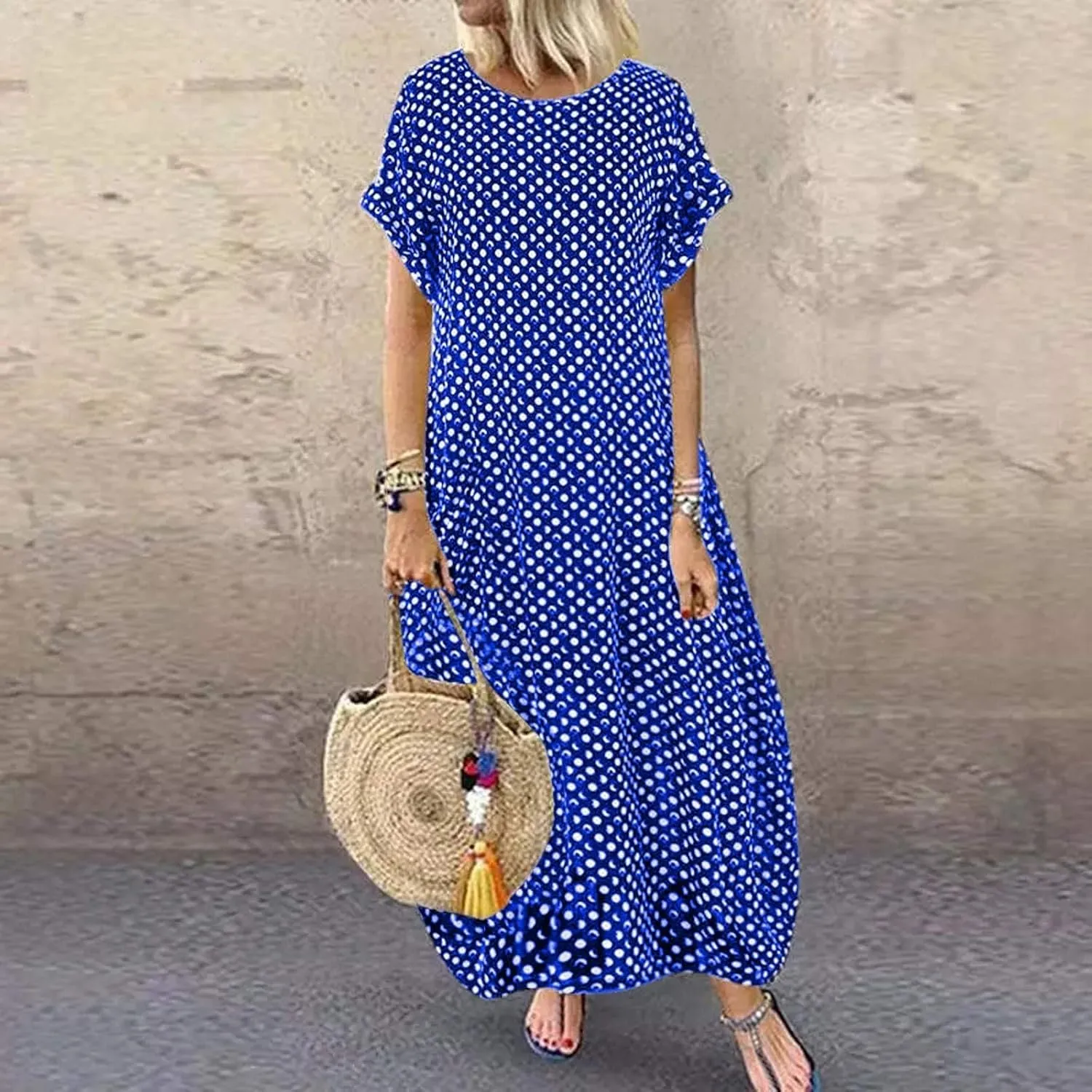 Dresses for Women Summer Dot Printed Short Sleeve Crewneck Sundress Plus Size Loose Fit Maxi Dress 2025