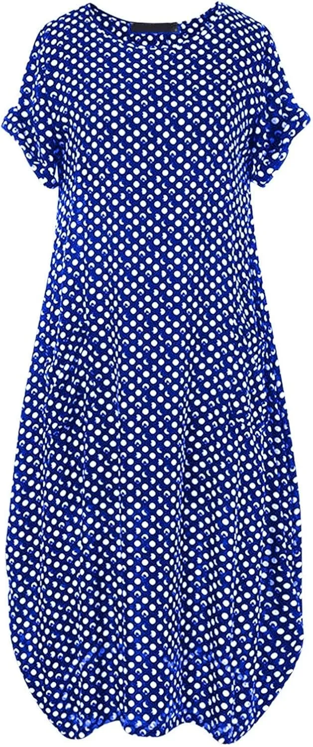 Dresses for Women Summer Dot Printed Short Sleeve Crewneck Sundress Plus Size Loose Fit Maxi Dress 2025