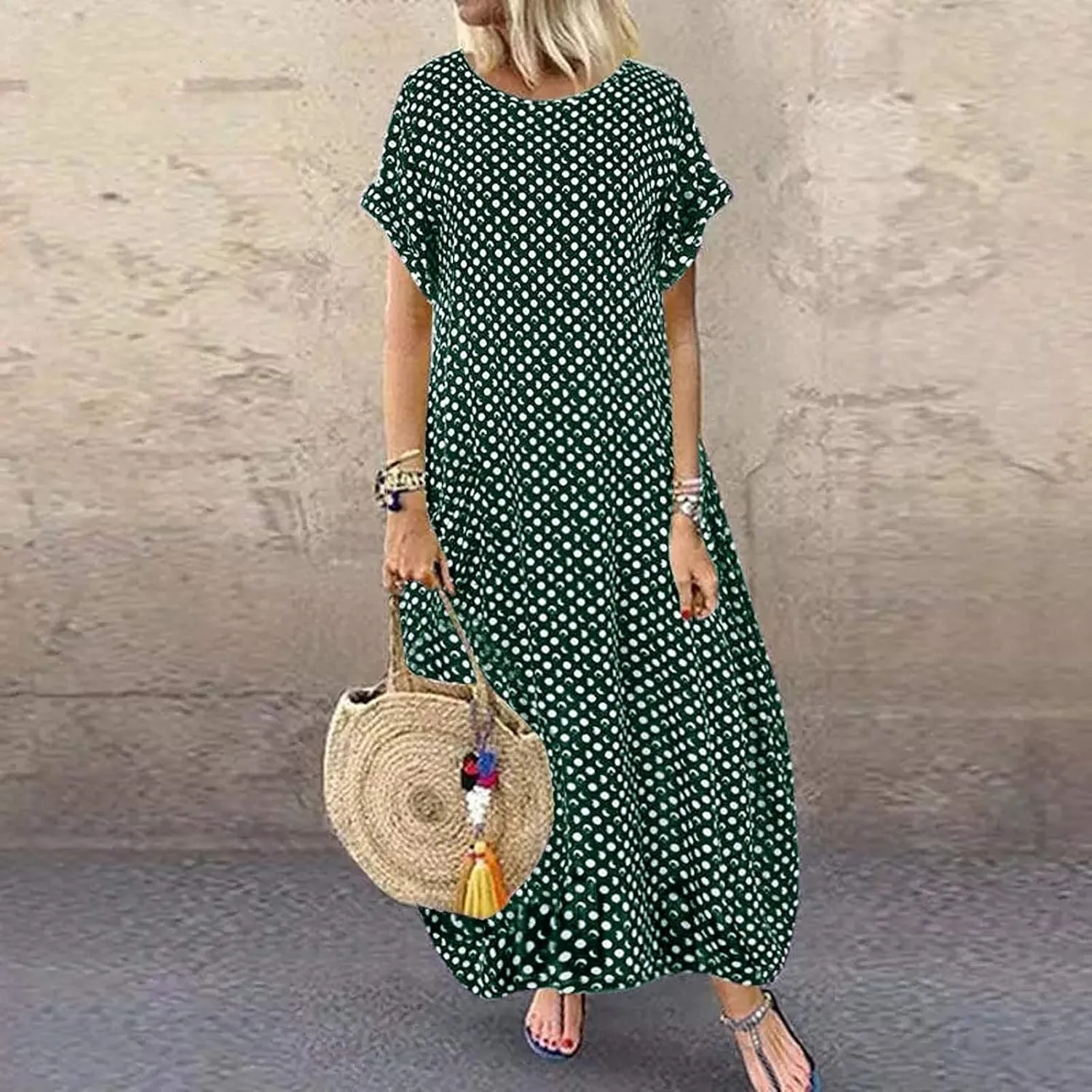 Dresses for Women Summer Dot Printed Short Sleeve Crewneck Sundress Plus Size Loose Fit Maxi Dress 2025