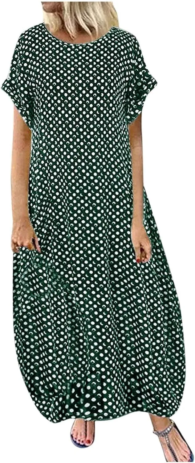Dresses for Women Summer Dot Printed Short Sleeve Crewneck Sundress Plus Size Loose Fit Maxi Dress 2025