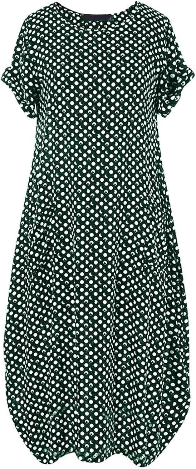 Dresses for Women Summer Dot Printed Short Sleeve Crewneck Sundress Plus Size Loose Fit Maxi Dress 2025