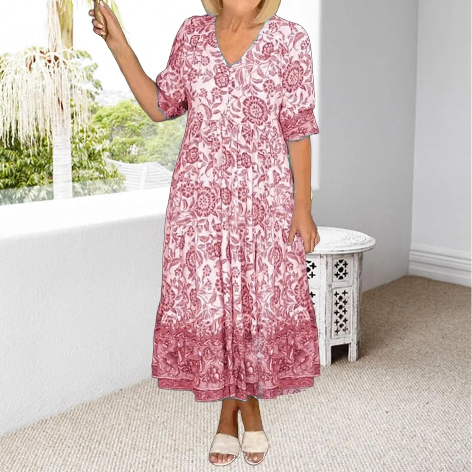 Dresses for Women Summer Floral Fairy Dresses Short Sleeve V Neck Maxi Long Dress Flowy Beach Vacation Sundress 2025