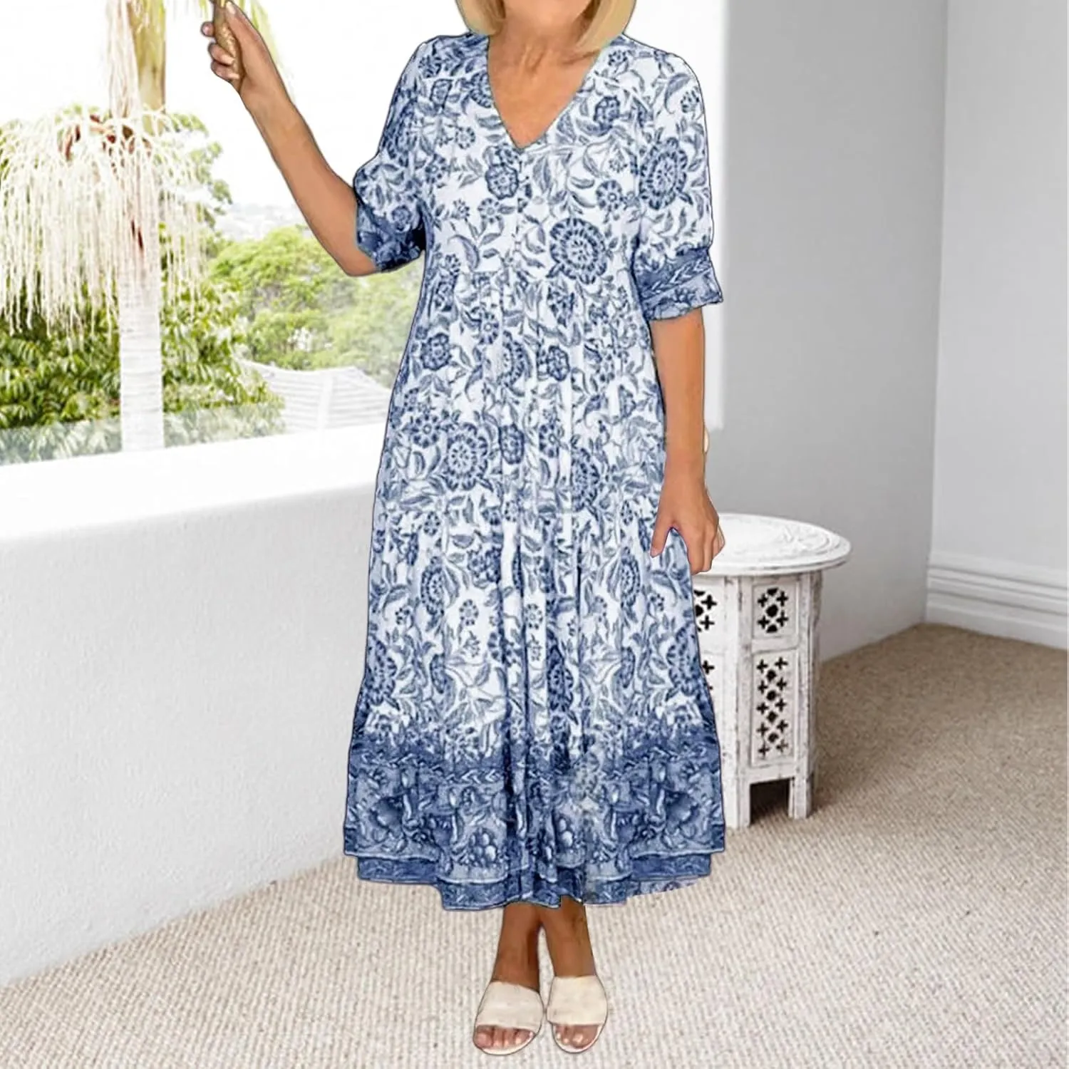 Dresses for Women Summer Floral Fairy Dresses Short Sleeve V Neck Maxi Long Dress Flowy Beach Vacation Sundress 2025