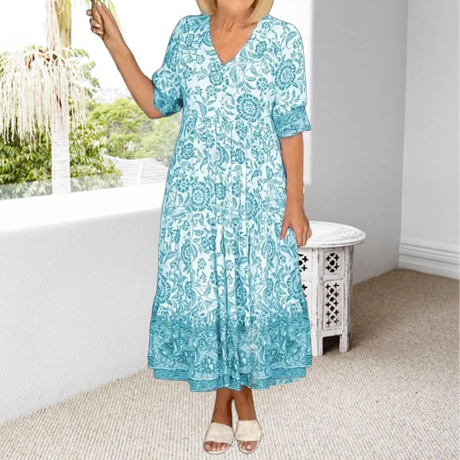 Dresses for Women Summer Floral Fairy Dresses Short Sleeve V Neck Maxi Long Dress Flowy Beach Vacation Sundress 2025