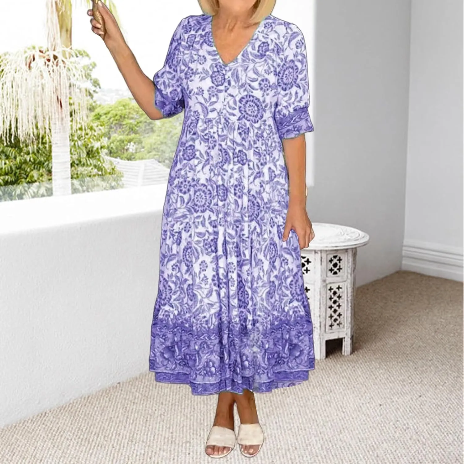 Dresses for Women Summer Floral Fairy Dresses Short Sleeve V Neck Maxi Long Dress Flowy Beach Vacation Sundress 2025