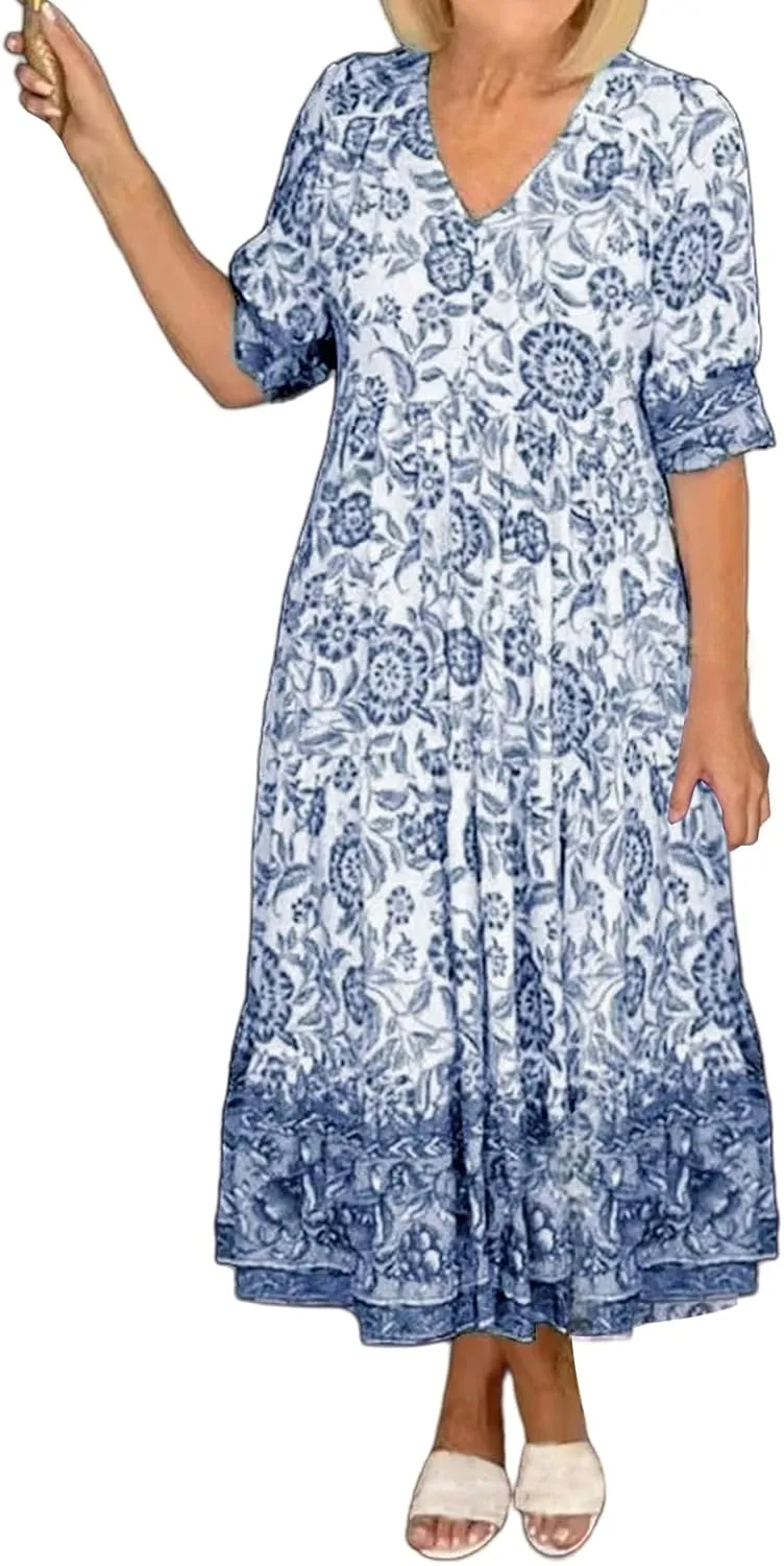Dresses for Women Summer Floral Fairy Dresses Short Sleeve V Neck Maxi Long Dress Flowy Beach Vacation Sundress 2025