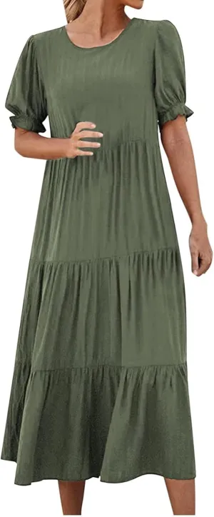 Dresses for Women Summer Puff Sleeve Crew Neck Maxi Dress Tiered Ruffle Sundress Elegant Going Out Dresses 2025