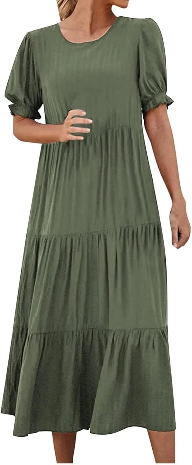 Dresses for Women Summer Puff Sleeve Crew Neck Maxi Dress Tiered Ruffle Sundress Elegant Going Out Dresses 2025