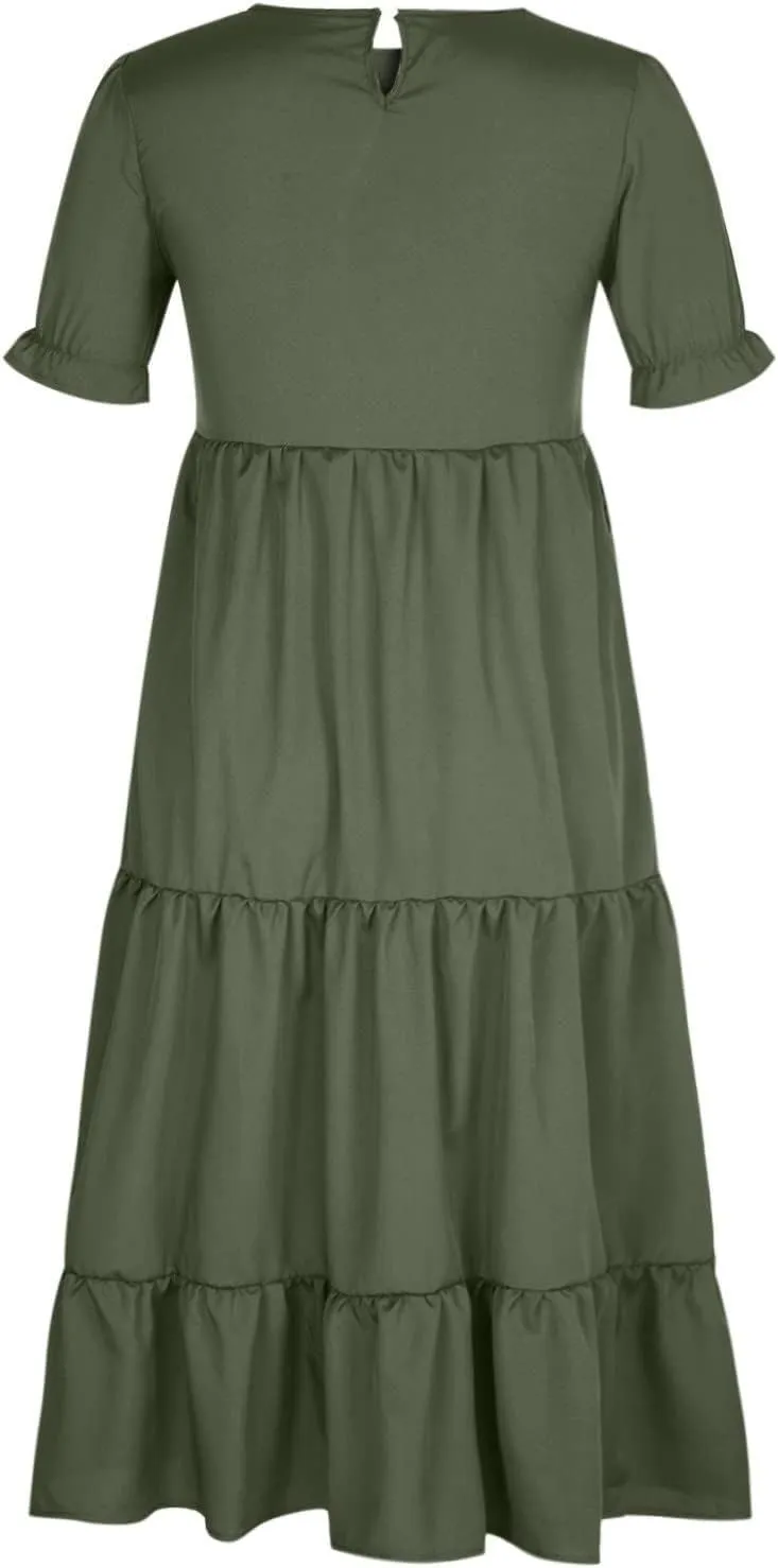 Dresses for Women Summer Puff Sleeve Crew Neck Maxi Dress Tiered Ruffle Sundress Elegant Going Out Dresses 2025