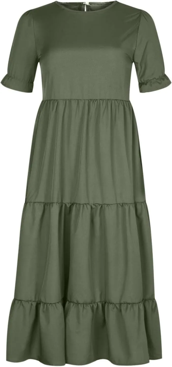 Dresses for Women Summer Puff Sleeve Crew Neck Maxi Dress Tiered Ruffle Sundress Elegant Going Out Dresses 2025