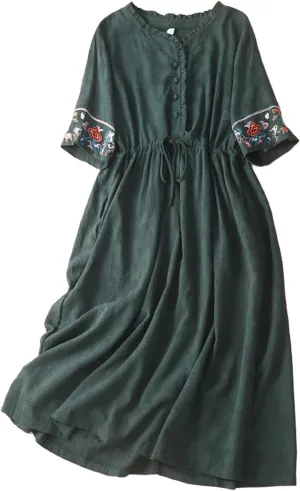 Dresses for Women Vintage Casual Dress Short Sleeve Draw String Office Lady Work Dress Long Dresses 2025