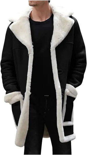 DuDubaby Men's Artificial Lined Hooded Jacket Men's Retro Long Jacket Coat