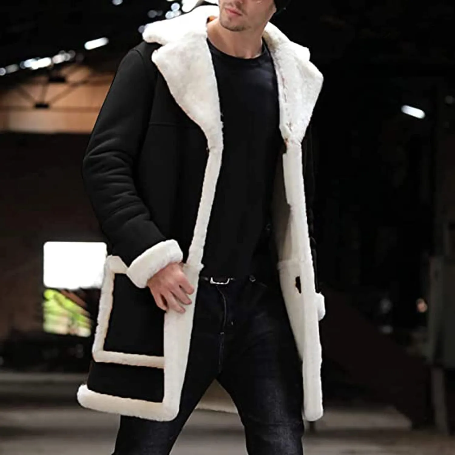 DuDubaby Men's Artificial Lined Hooded Jacket Men's Retro Long Jacket Coat