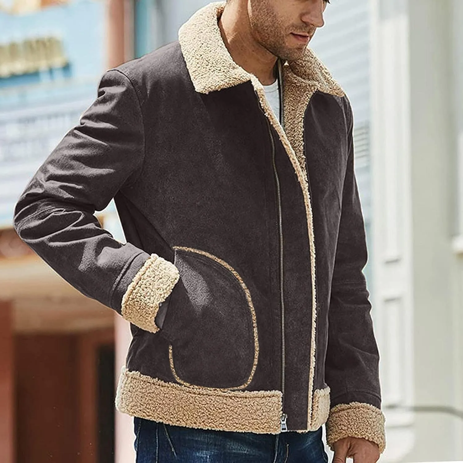 DuDubaby Men's Solid Color Frosted Fleece Composite Coat Long Sleeve Zipper Lapel Thick Coat Coat