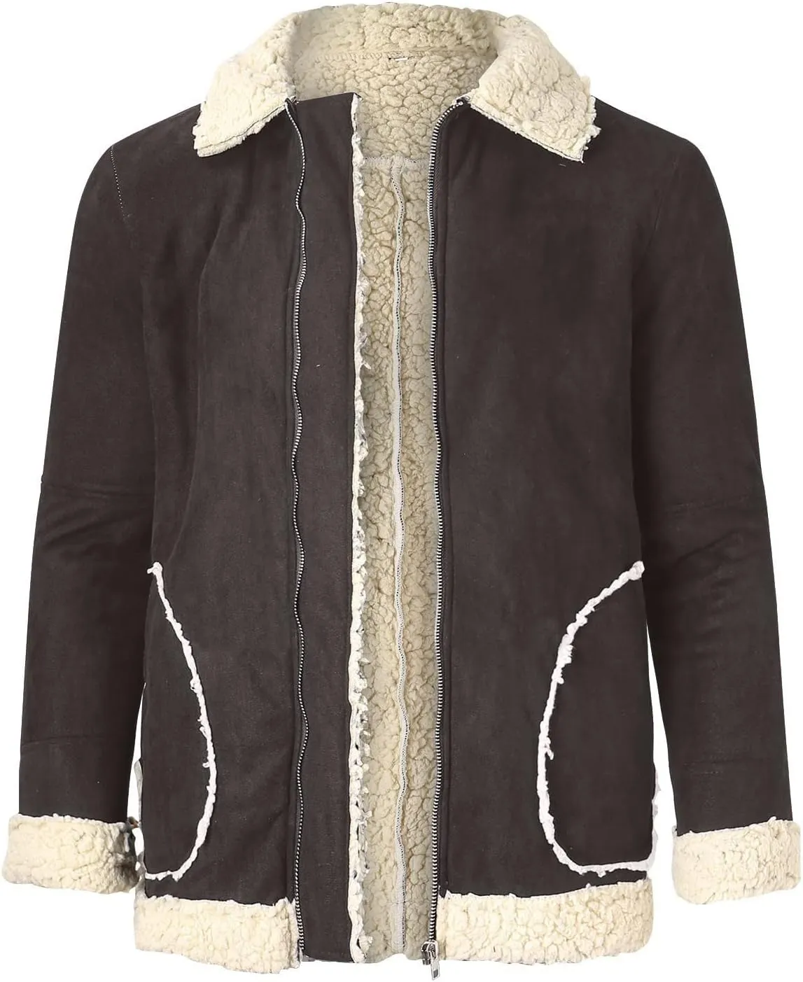 DuDubaby Men's Solid Color Frosted Fleece Composite Coat Long Sleeve Zipper Lapel Thick Coat Coat