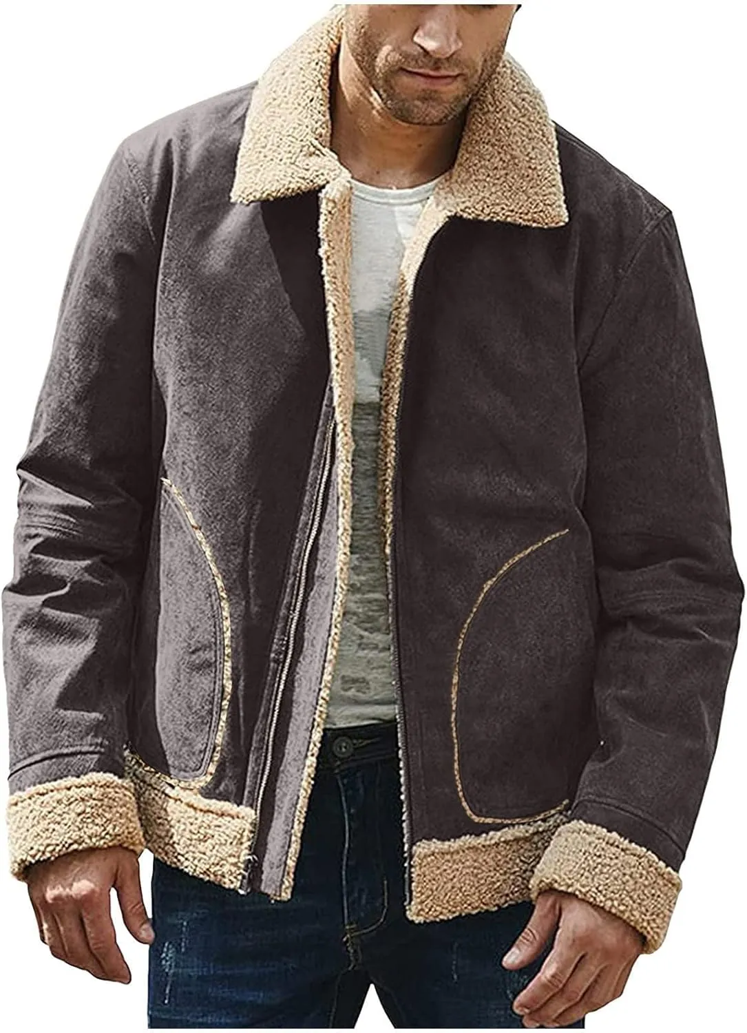 DuDubaby Men's Solid Color Frosted Fleece Composite Coat Long Sleeve Zipper Lapel Thick Coat Coat
