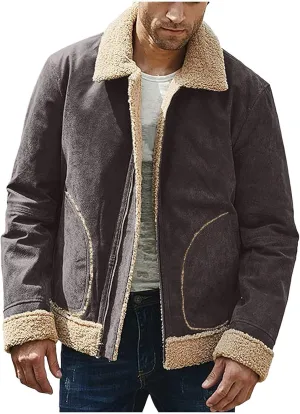 DuDubaby Men's Solid Color Frosted Fleece Composite Coat Long Sleeve Zipper Lapel Thick Coat Coat