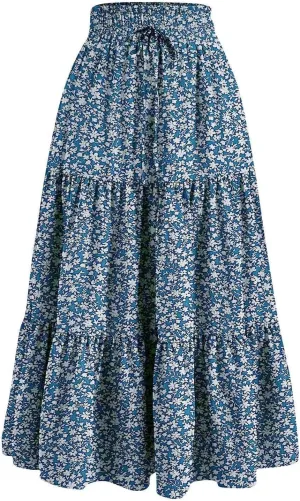 Elastic High Waist Flowy Long Skirts Women Boho Floral Tiered Pleated Summer Casual Beach Maxi Skirt