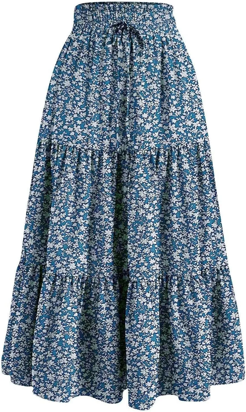 Elastic High Waist Flowy Long Skirts Women Boho Floral Tiered Pleated Summer Casual Beach Maxi Skirt