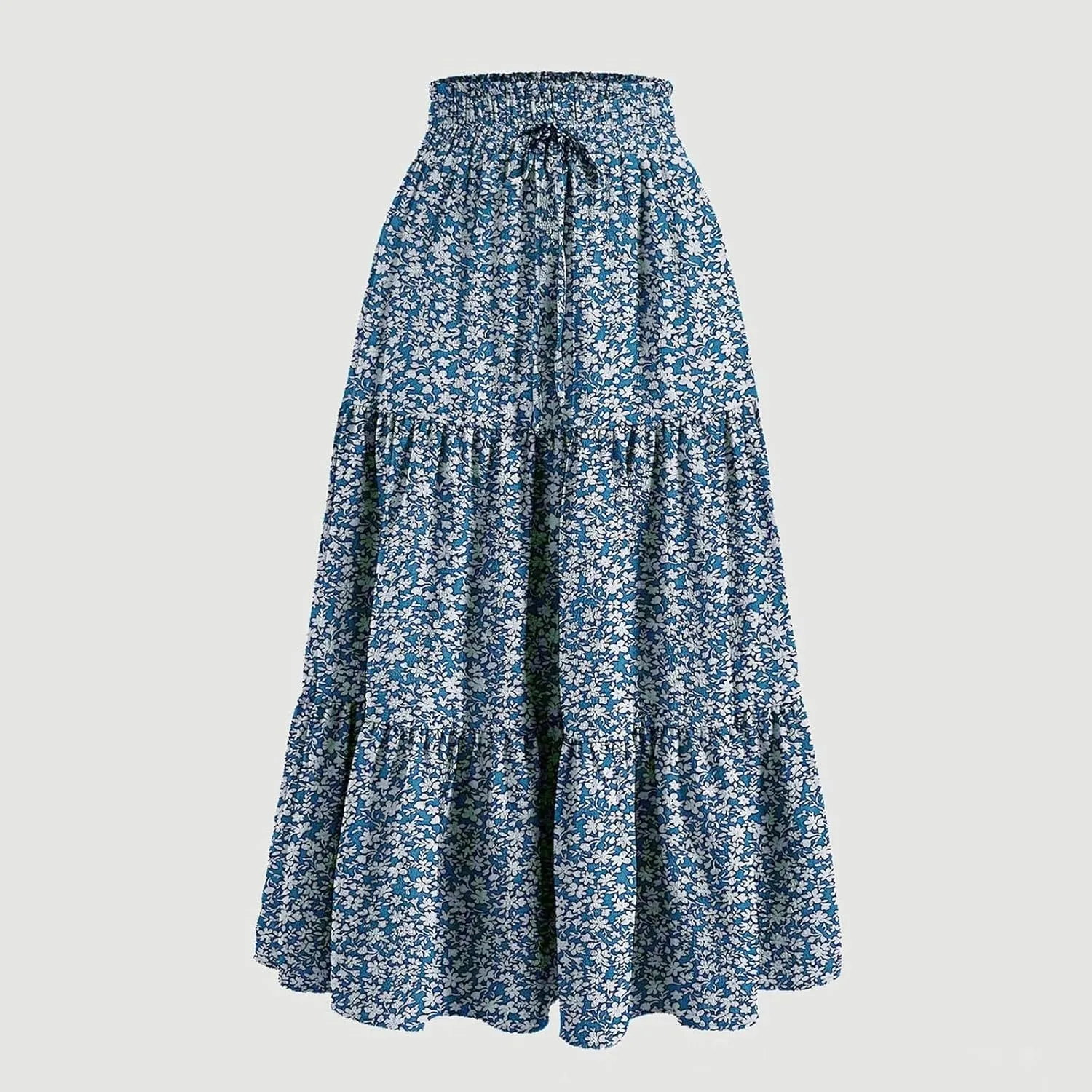 Elastic High Waist Flowy Long Skirts Women Boho Floral Tiered Pleated Summer Casual Beach Maxi Skirt
