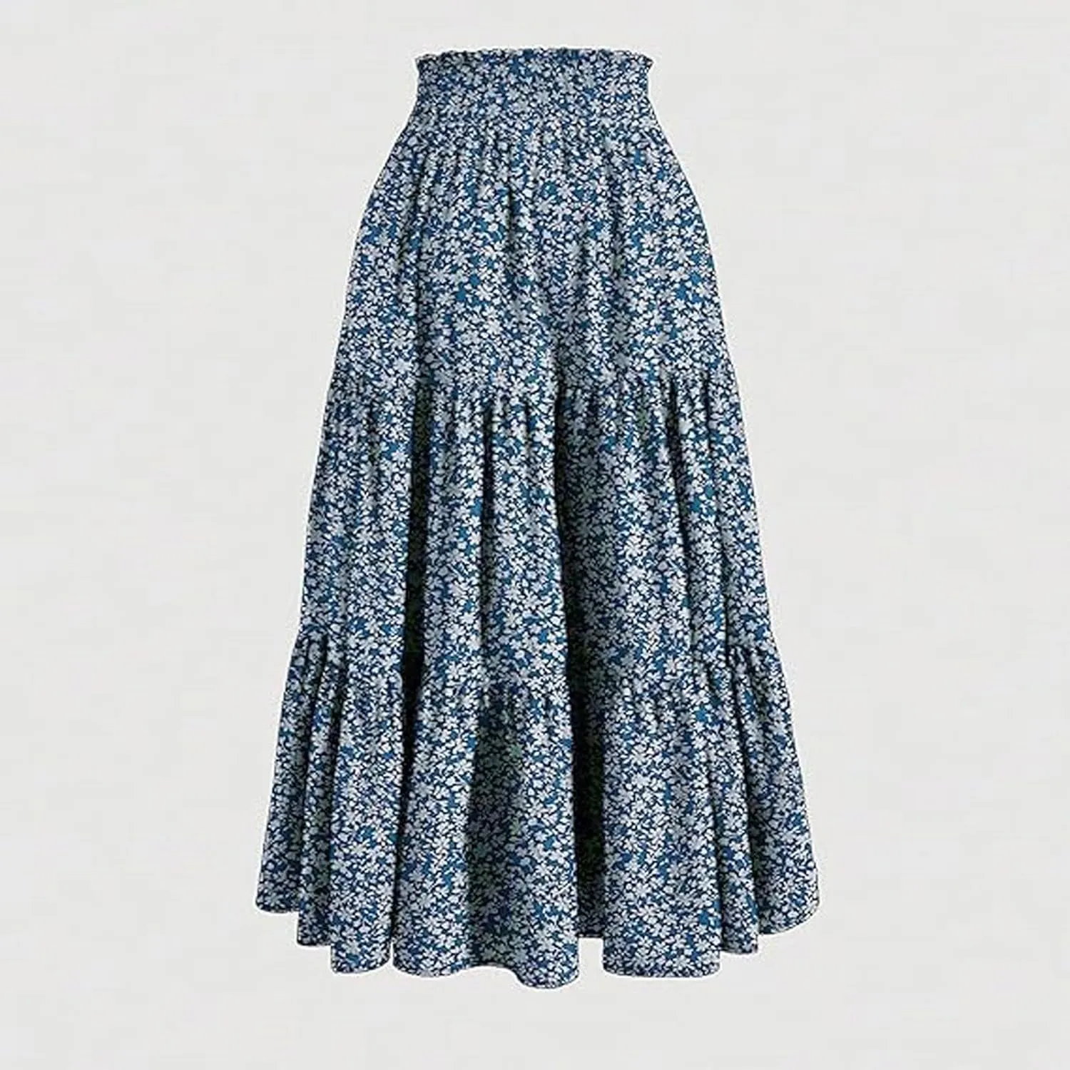 Elastic High Waist Flowy Long Skirts Women Boho Floral Tiered Pleated Summer Casual Beach Maxi Skirt