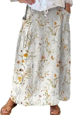 Elastic High Waist Flowy Maxi Skirts Women Boho Floral Tiered Pleated Summer Long Beach Casual Skirt
