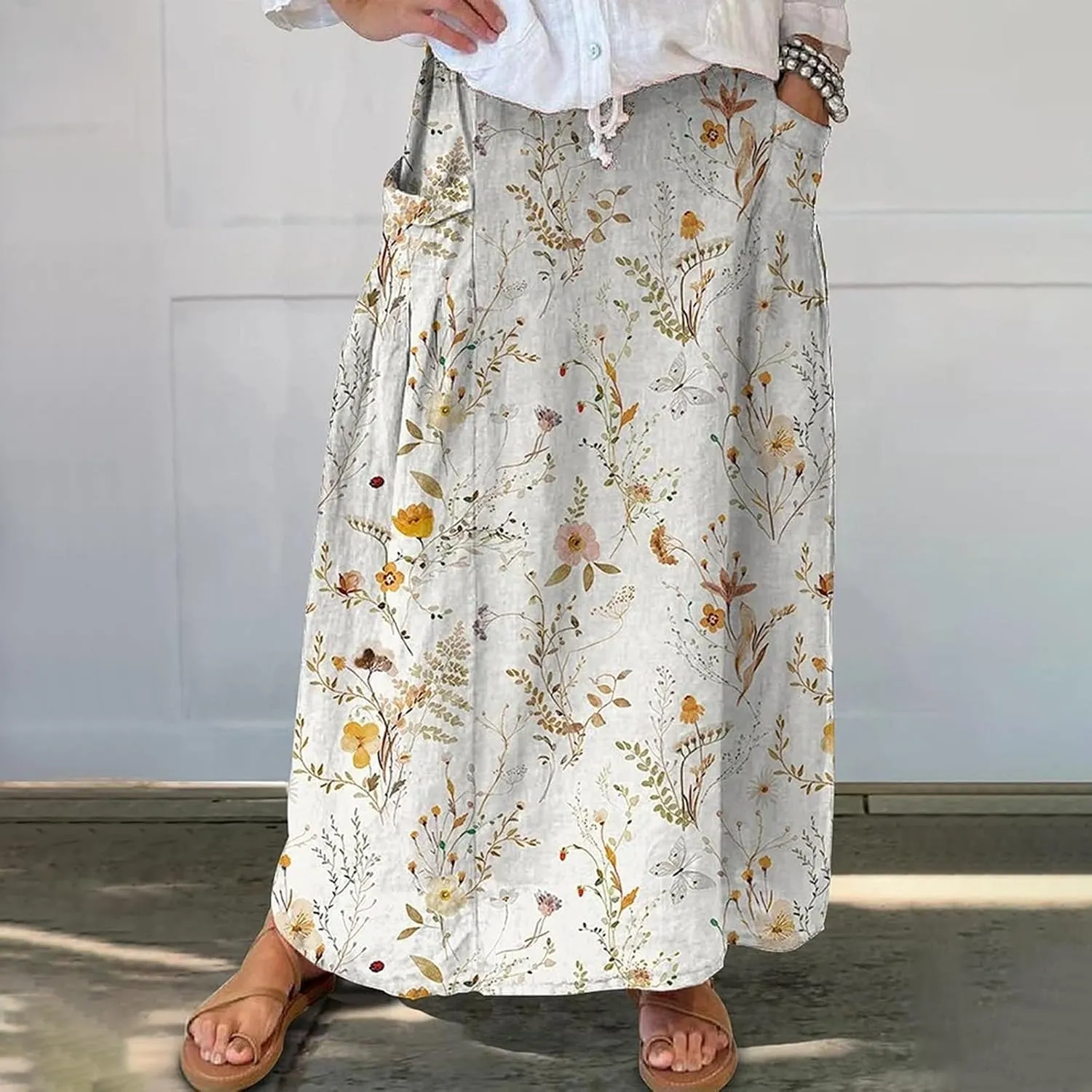 Elastic High Waist Flowy Maxi Skirts Women Boho Floral Tiered Pleated Summer Long Beach Casual Skirt