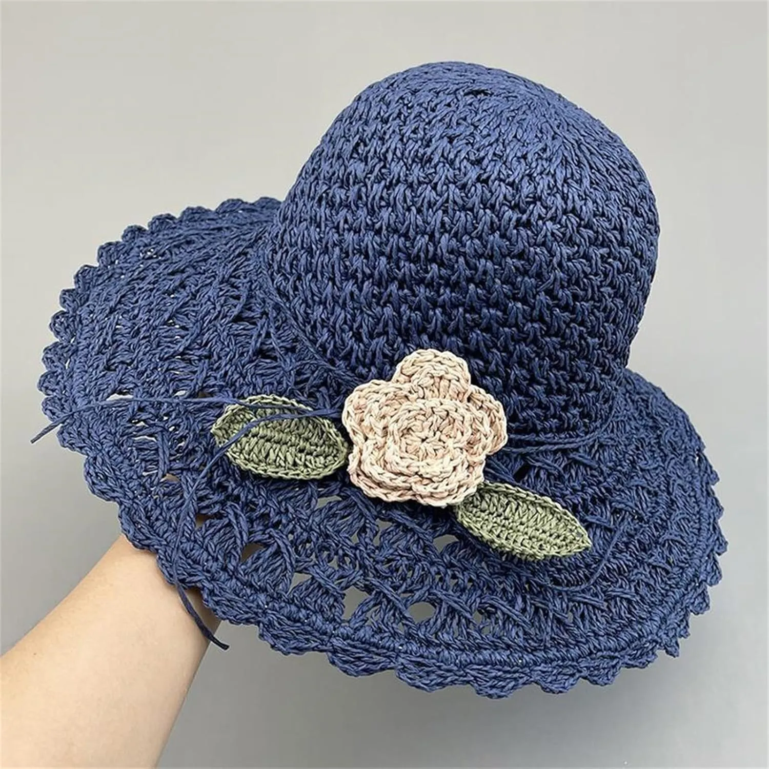 Elegant Crochet Straw Hat with Ruffle Detail Womens Hats Summer Beach Wide Brim Sun Caps UV Protection Cap for Women