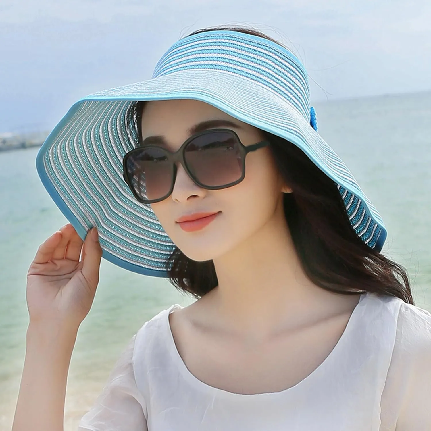 Empty Top Ponytail Wide Brim Floppy Beach Caps Women Packable Visor Straw Hats UV Travel Cap Portable Outdoor Sunshade Hat