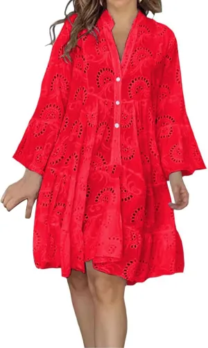 Eyelet Lace Dress for Women Button Down Hollow Out V Neck Sundress 2025 Summer Casual Long Sleeve Mini Dress