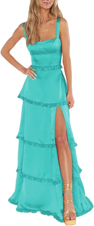 FANGHEIA Spaghetti Straps Silk Satin Prom Dresses 2025 Long Ruffles Tiered Formal Evening Dresses with Slit