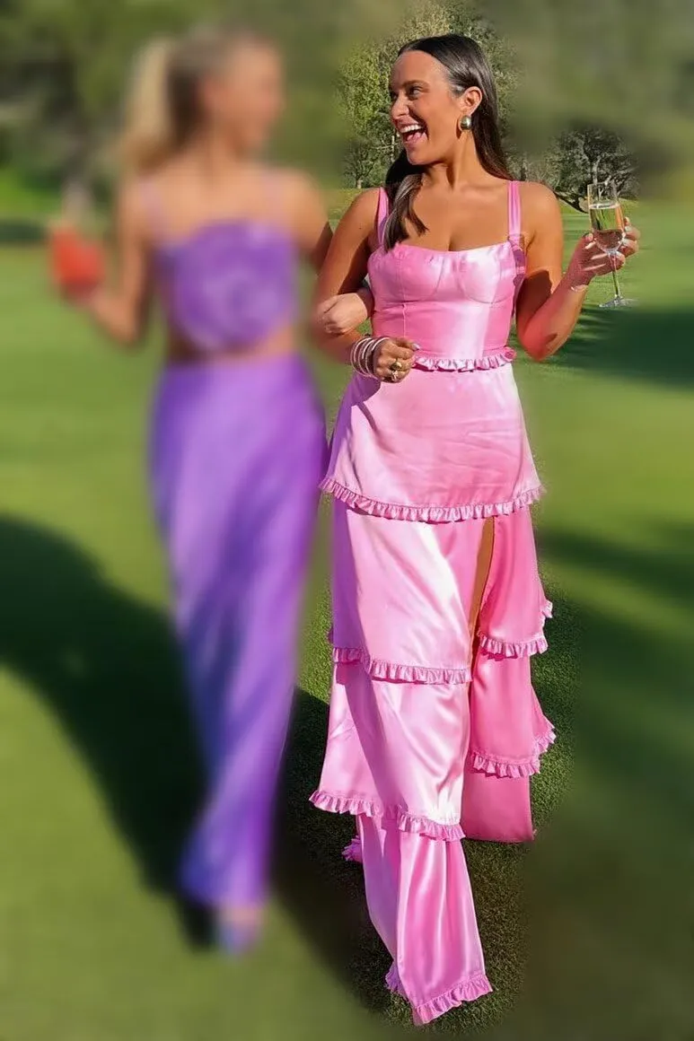FANGHEIA Spaghetti Straps Silk Satin Prom Dresses 2025 Long Ruffles Tiered Formal Evening Dresses with Slit