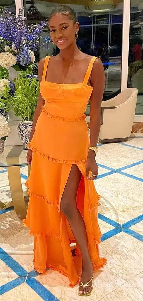FANGHEIA Spaghetti Straps Silk Satin Prom Dresses 2025 Long Ruffles Tiered Formal Evening Dresses with Slit
