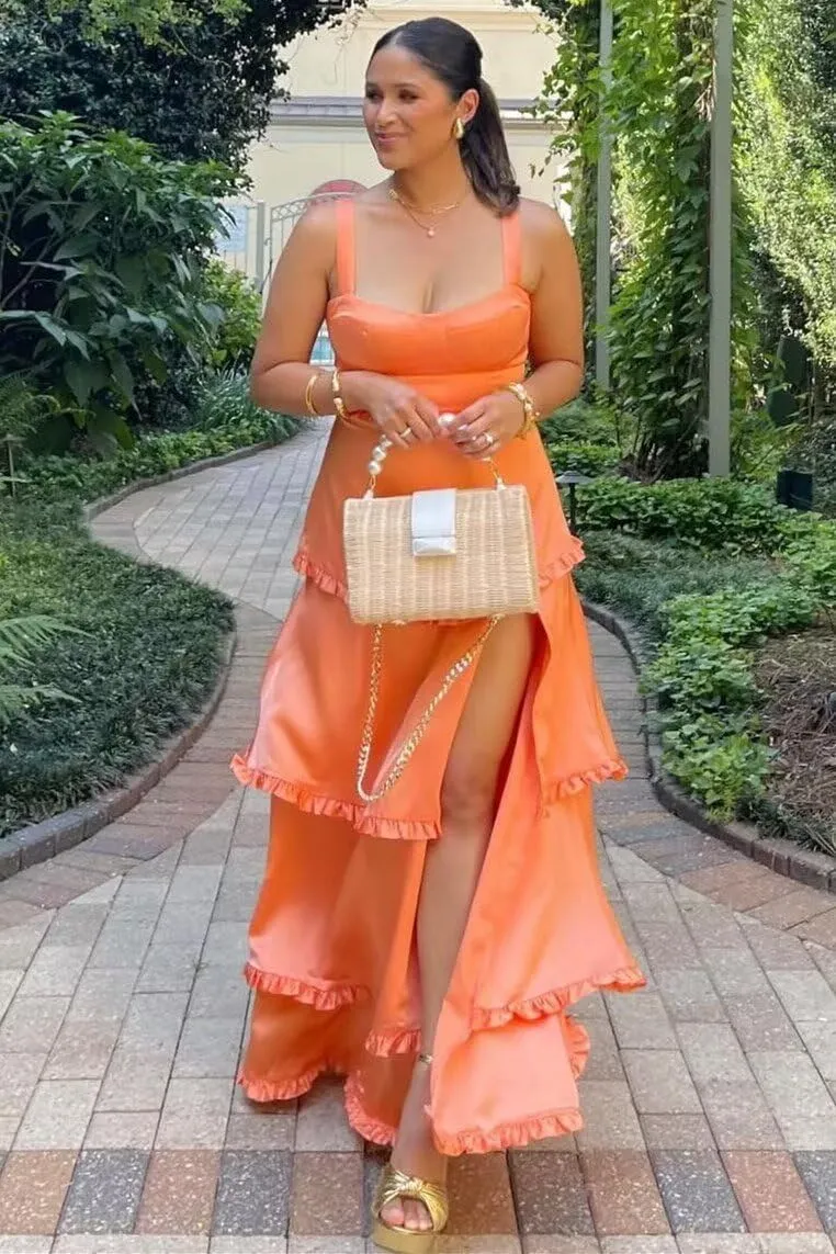 FANGHEIA Spaghetti Straps Silk Satin Prom Dresses 2025 Long Ruffles Tiered Formal Evening Dresses with Slit