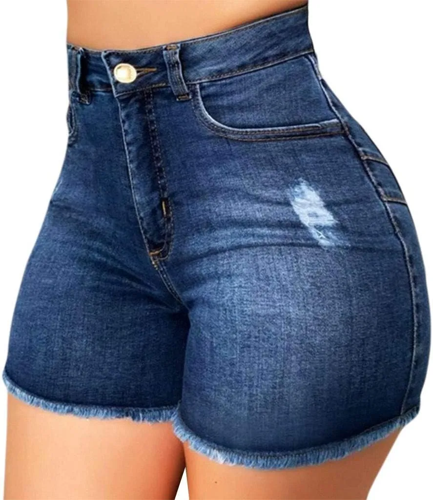 FarJing Jean Shorts for Women High Waisted Distressed Ripped Denim Shorts Stretchy Frayed Raw Hem Hot Short Jeans