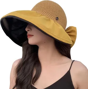 Fashion Bow Decoration Straw Hats Sun Hats for Womens Summer Beach Wide Brim Packable Travel Bucket Hats UPF 50  Gift