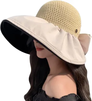 Fashion Bow Decoration Straw Hats Sun Hats for Womens Summer Beach Wide Brim Packable Travel Bucket Hats UPF 50  Gift