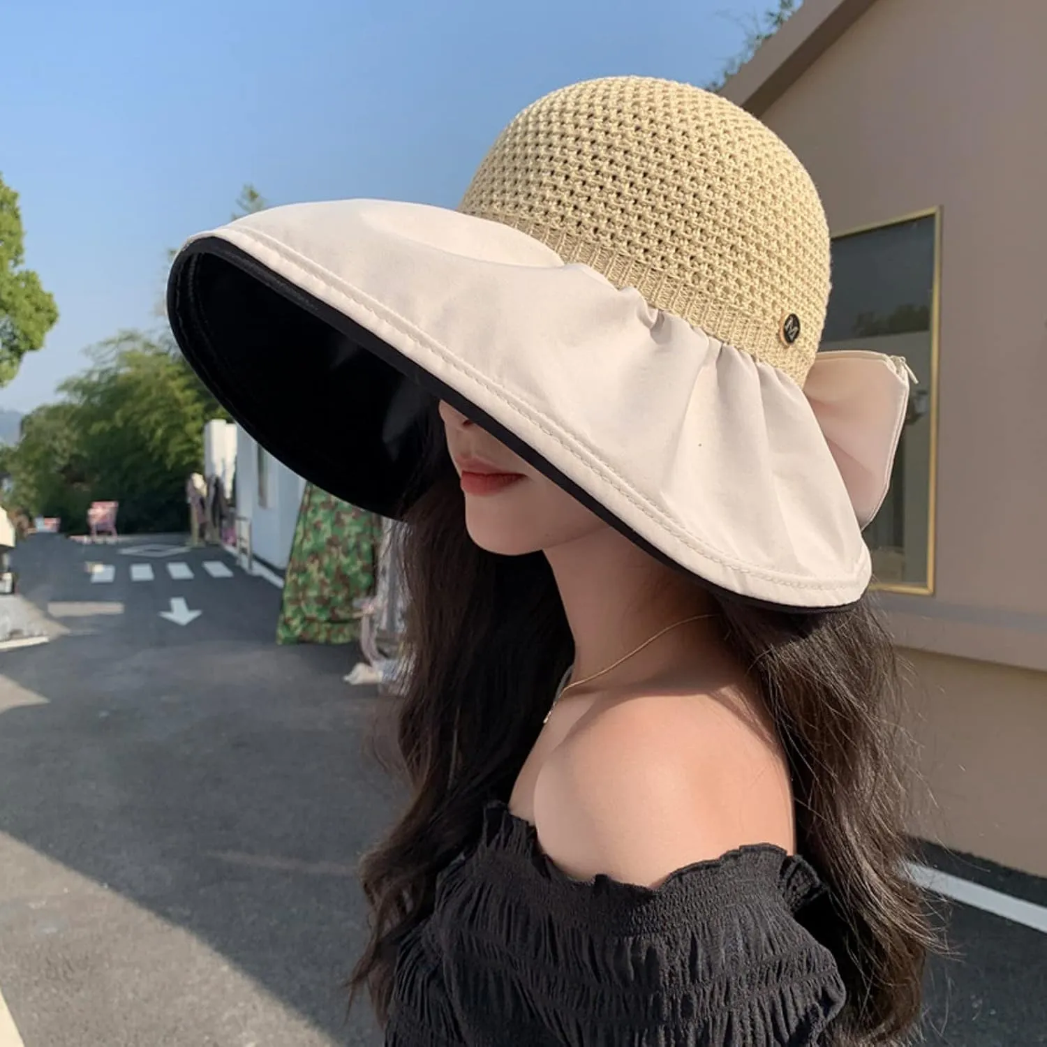 Fashion Bow Decoration Straw Hats Sun Hats for Womens Summer Beach Wide Brim Packable Travel Bucket Hats UPF 50  Gift