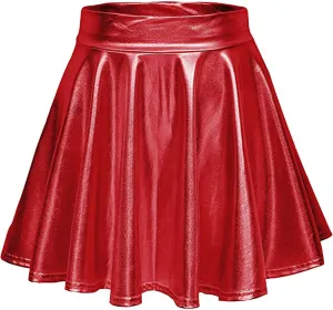 Fashion Womens Leather Skirt A-Line Fashion Casual Shiny Skirts Flared Pleated Women's Mini Short Skirts for