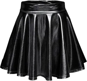 Fashion Womens Leather Skirt A-Line Fashion Casual Shiny Skirts Flared Pleated Women's Mini Short Skirts for